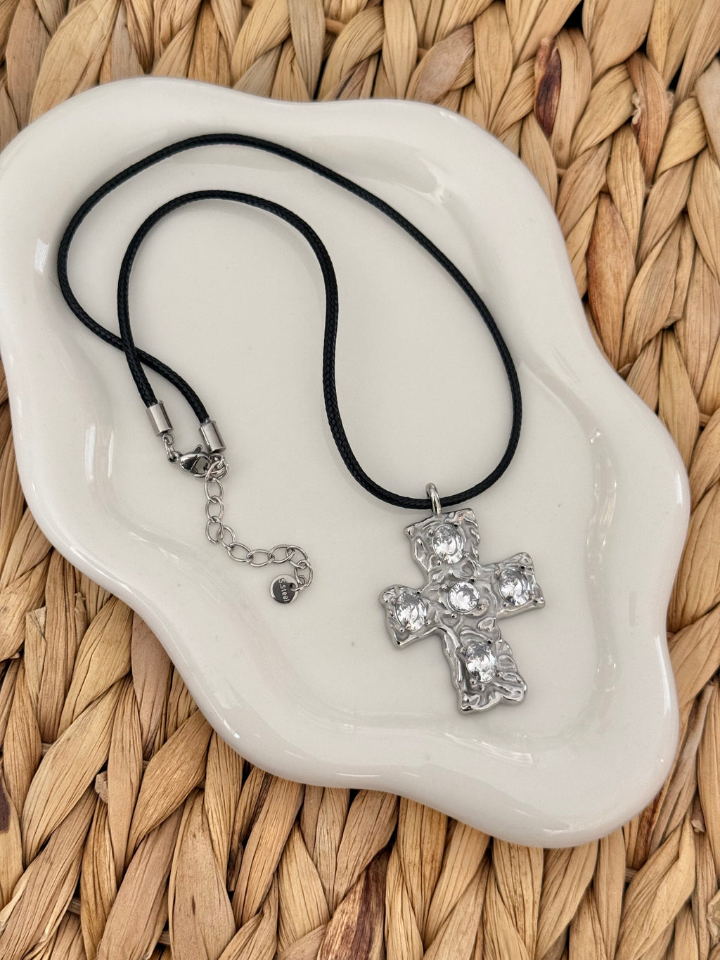 Large silver cross on leather